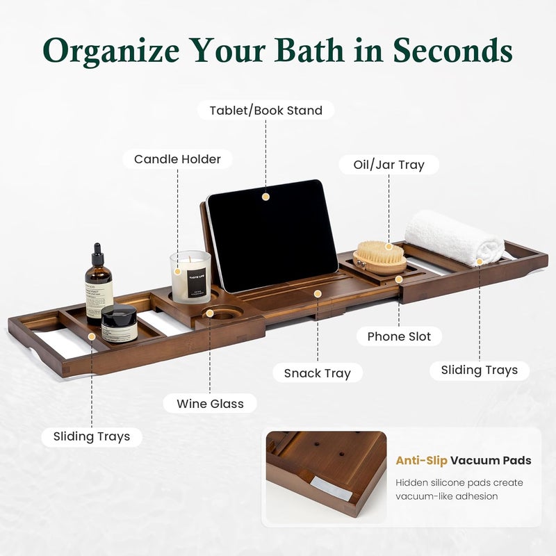 Realgulf Bamboo Bathtub Tray, Bath Caddy with Wine Glass Holder, Phone Dock & Book Stand | Hands-Free Reading & Ultimate Spa Relaxation Experience-Brown - Image 3
